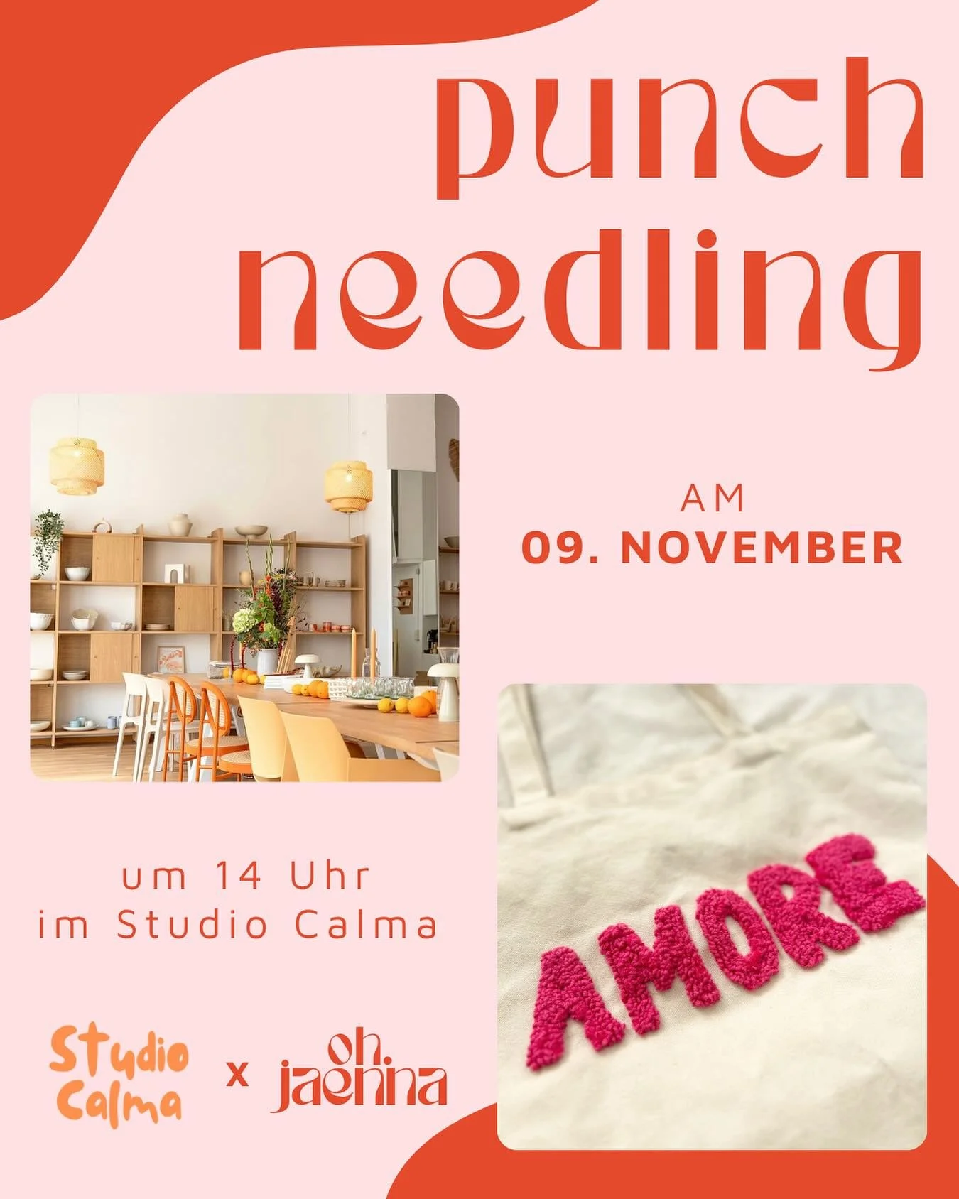 Kennt ihr schon das wundersch&ouml;ne Kreativstudio @studiocalma_creative? 🧡

Genau dort punchneedlen wir bald gemeinsam &ndash; und du entscheidest, worauf du punchneedlen m&ouml;chtest: Kissenbezug oder Jutebeutel. Am Ende gehst du mit deinem ganz