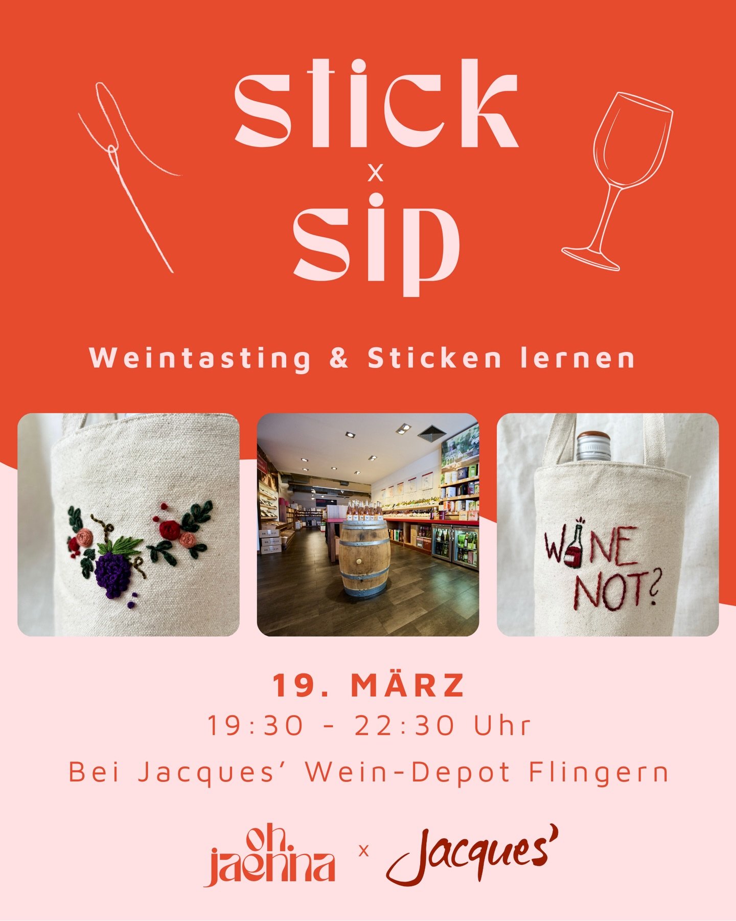 Nachdem unser letztes Stick x Sip Event so gut bei euch angekommen, geht&lsquo;s jetzt in die 2. Runde! 🍷🪡 

Wir freuen uns riesig auf einen Abend voller Kreativit&auml;t und Genuss mit euch! ✨

Bestickt eure eigene Wein(geschenk)tasche mit einem M
