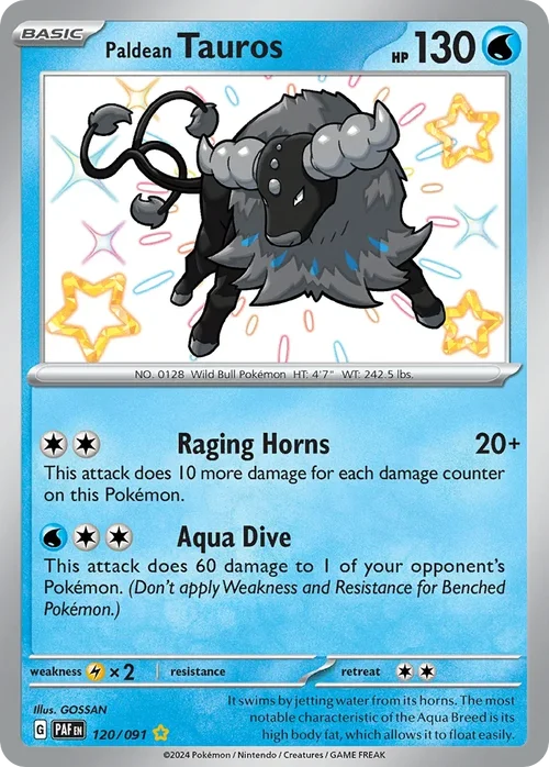 Paldean Tauros 120 Pokemon card from Paldean Fates set
