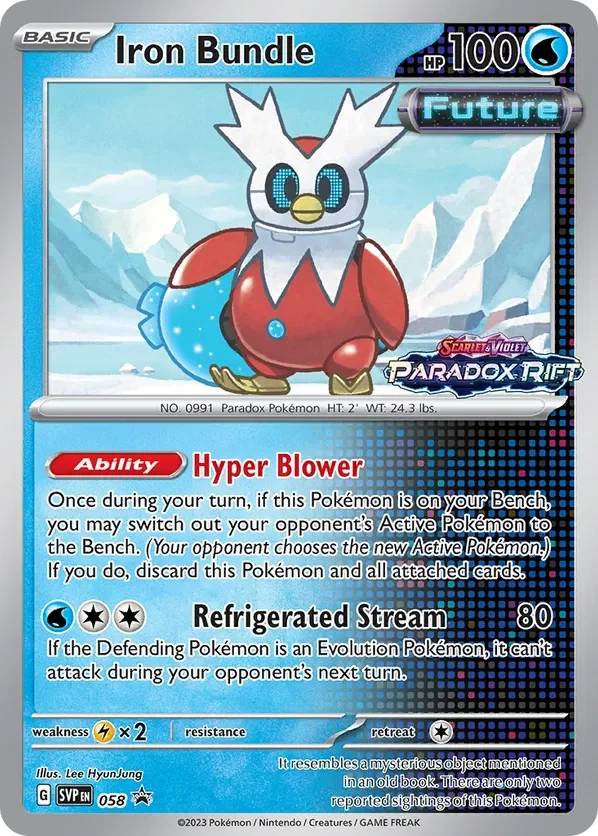 A Pokémon trading card featuring a Paradox Pokémon called Iron Bundle, with a digital design and icy background. The card shows 100 HP, the ability Hyper Blower, and an attack Refrigerated Stream for 80 damage.