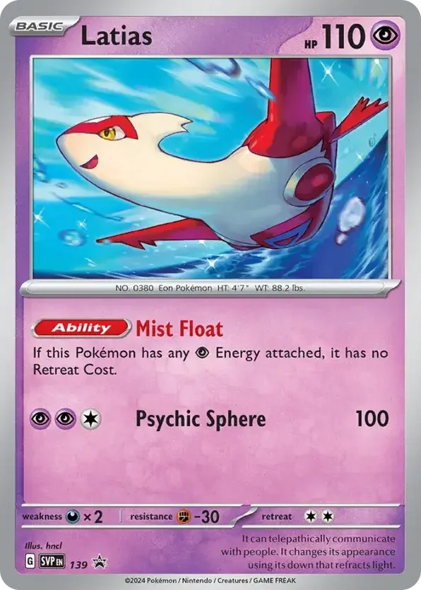 A Pokémon trading card featuring Latias, a white and red dragon-like Pokémon, flying over water with a pink background. The card shows Latias has 110 HP, an ability called Mist Float, and a move called Psychic Sphere dealing 100 damage.