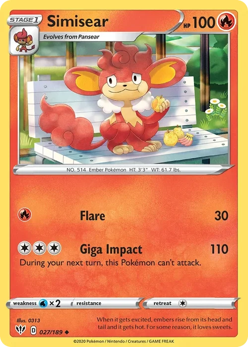 Simisear 27 Pokemon card from Darkness Ablaze set