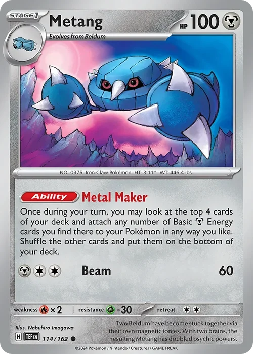 Metang 114 Pokemon card from Temporal Forces set