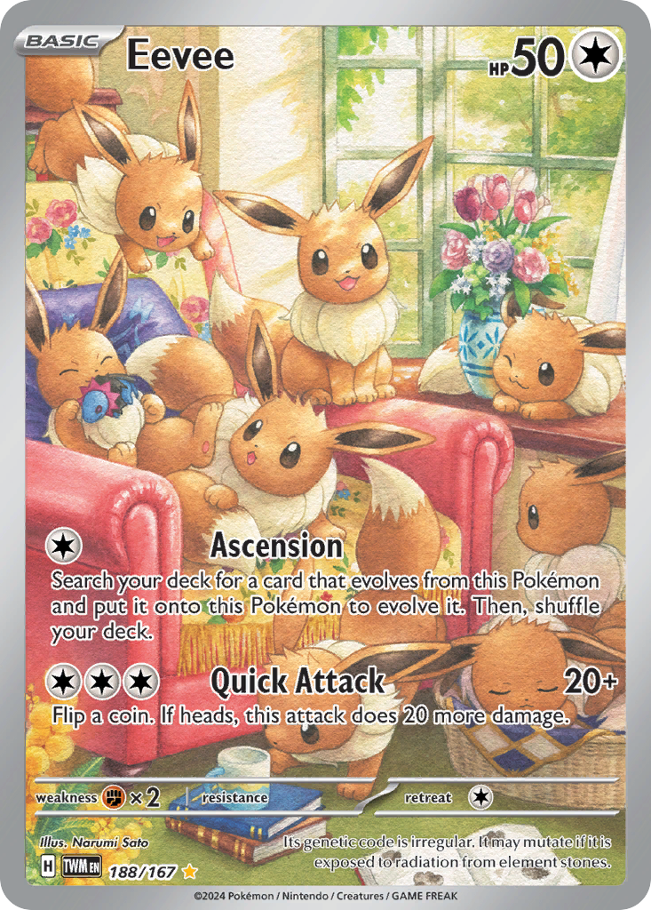 A Pokémon trading card featuring Eevee, a small, brown, fox-like creature with large ears and a fluffy collar. The card shows multiple Eevee in a cozy indoor setting with a pink sofa, a wooden table with books, and a window with greenery outside. The Eevee are in various playful poses, and there is a bouquet of colorful flowers in a vase on a windowsill.