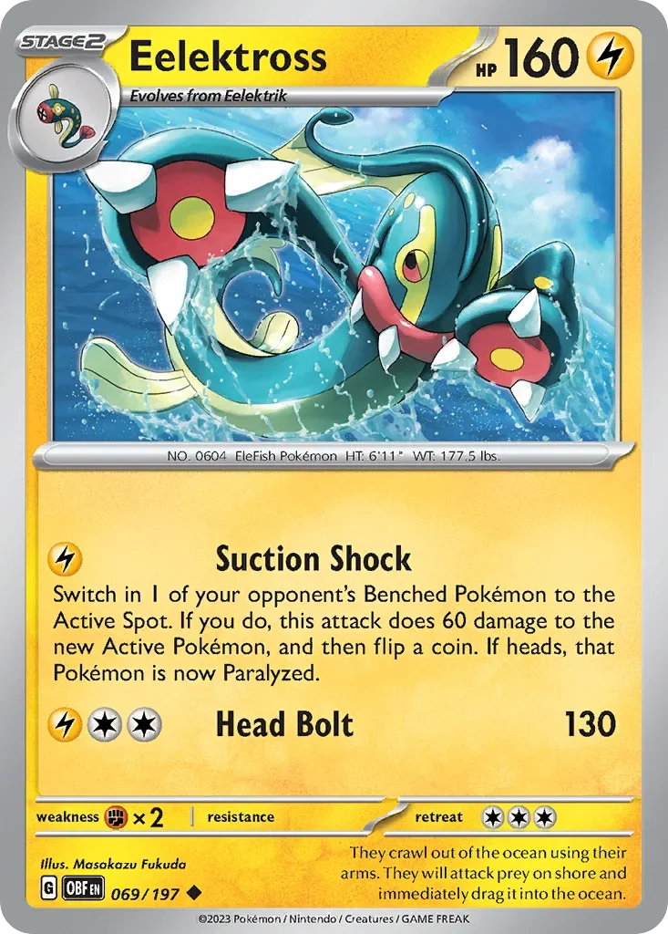 Eelektross 69 Pokémon card from Obsidian Flames set