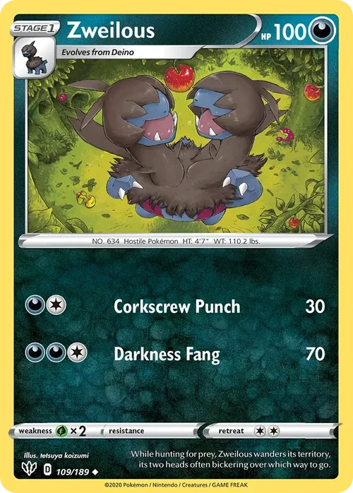 Zweilous 109 Pokemon card from Darkness Ablaze set
