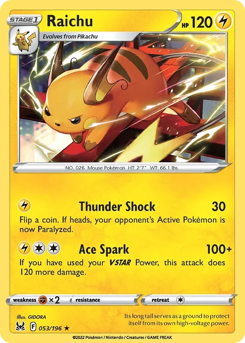 Raichu 53 Pokemon card from Lost Origin set
