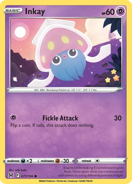 Inkay 77 Pokemon card from Lost Origin set