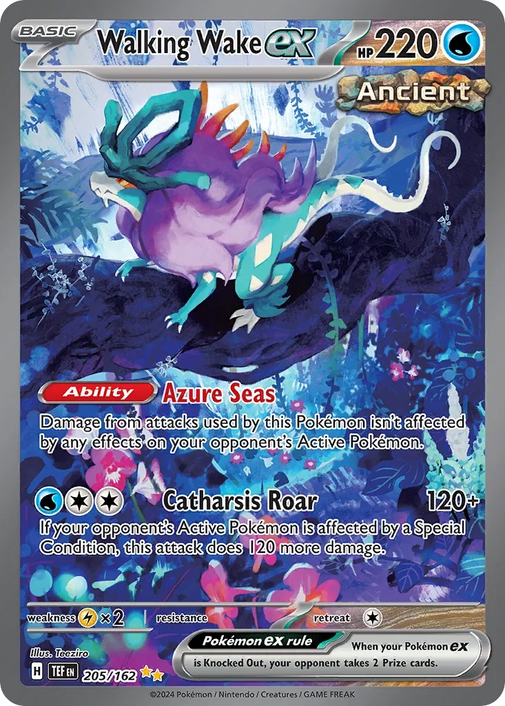 Pokemon card featuring Walking Wake ex, an Ancient type Pokémon with 220 HP. The illustration shows a purple and teal dragon-like creature with sharp claws and a frill, perched on a dark branch in a vibrant, mystical forest background.