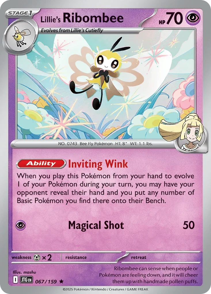 Lillie's Ribombee 67 Pokémon card from JTG set