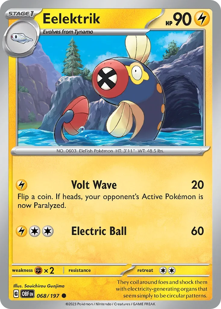 Eelektrik 68 Pokémon card from Obsidian Flames set