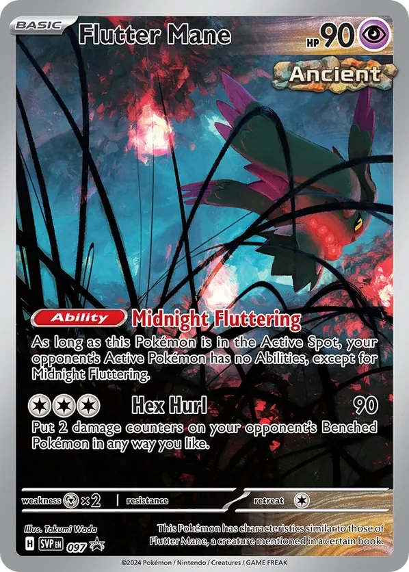 A Pokémon card for Flutter Mane, a Basic Psychic-type Pokémon with 90 HP. The card features an illustration of a dark, bat-like Pokémon with pink and purple accents flying in a mystical, colorful background. The card has abilities called Midnight Fluttering and Hex Hurl.