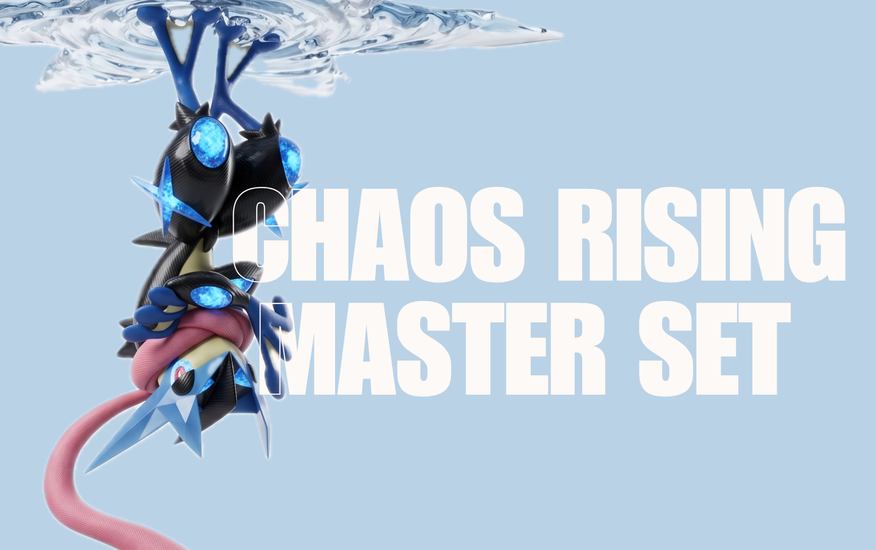 Digital artwork of a chaotic monster with multiple eyes, tentacle-like extensions, and a pink tail, with the text 'Chaos Rising Master Set' overlaid in large white font.