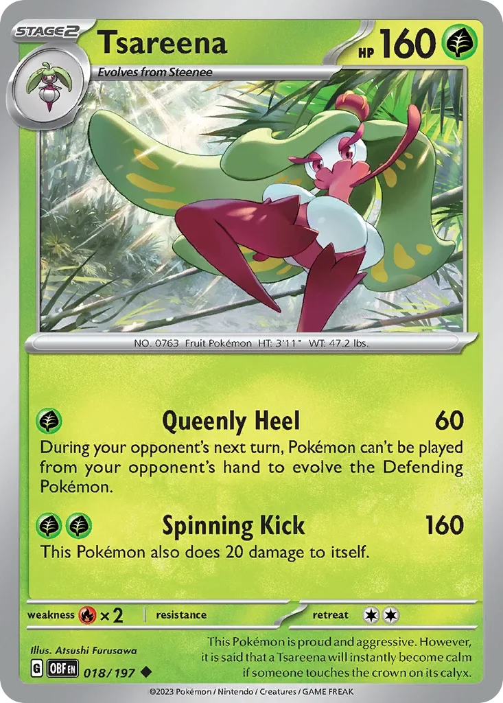 Tsareena 18 Pokémon card from Obsidian Flames set