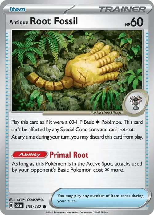 Antique Root Fossil 130 Pokemon card from Stellar Crown set