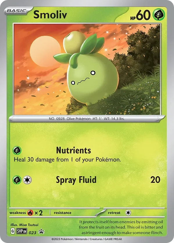 A Pokémon card featuring Smoliv, a small olive-like creature with a light green body and darker green leaves on its head. The background has an orange sunset sky with a large sun and trees. The card shows Smoliv's HP as 60 and lists its abilities: Nutrients and Spray Fluid.