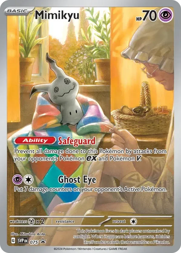A Pokémon card featuring Mimikyu, a Ghost/Fairy type, with 70 HP. The card shows Mimikyu wrapped in a colorful quilt, sitting by a window with plants outside, and holding a hand with a spooky curl. The card describes Mimikyu's ability 'Safeguard' and move 'Ghost Eye,' with a weakness to Darkness and a retreat cost of one energy.