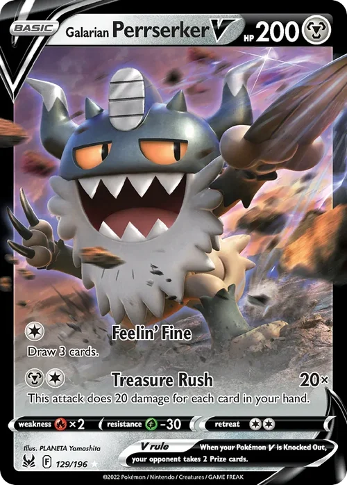 Galarian Perrserker V 129 Pokemon card from Lost Origin set