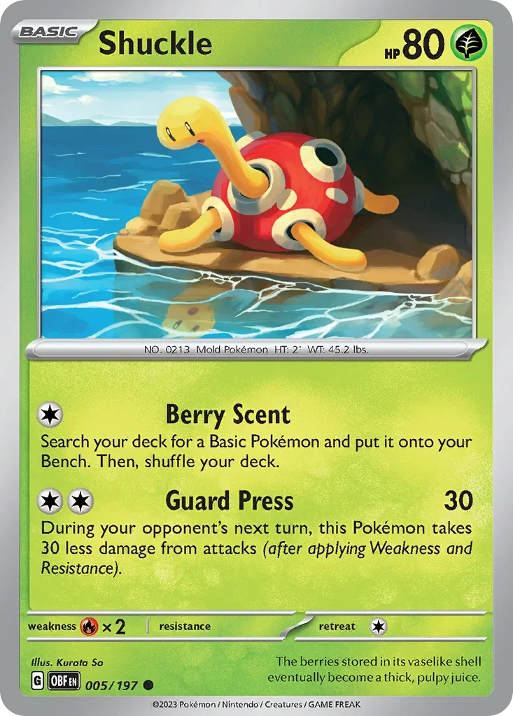 Shuckle 5 Pokémon card from Obsidian Flames set