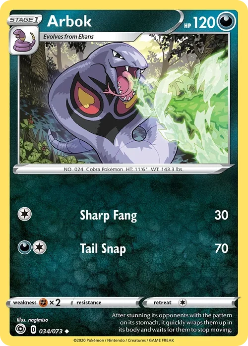 Arbok 34 Pokemon card from Champion's Path set