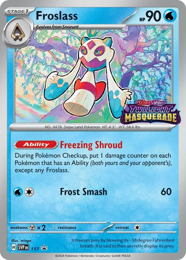 Pokémon trading card of Froslass, Stage 1 evolver from Snover, with 90 HP, Water type. The card features Froslass, a ghostly, snowland Pokémon, standing in a colorful, icy forest. It has the Ability 'Freezing Shroud' and an attack called 'Frost Smash' that deals 60 damage. The card's illustrator is Mingo, and it is part of the Scarlet & Violet Twilight Masquerade series, numbered 117.
