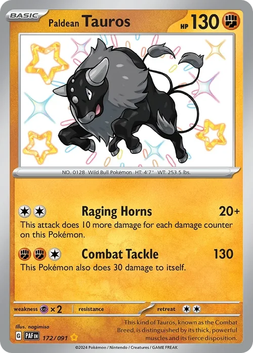 Paldean Tauros 172 Pokemon card from Paldean Fates set