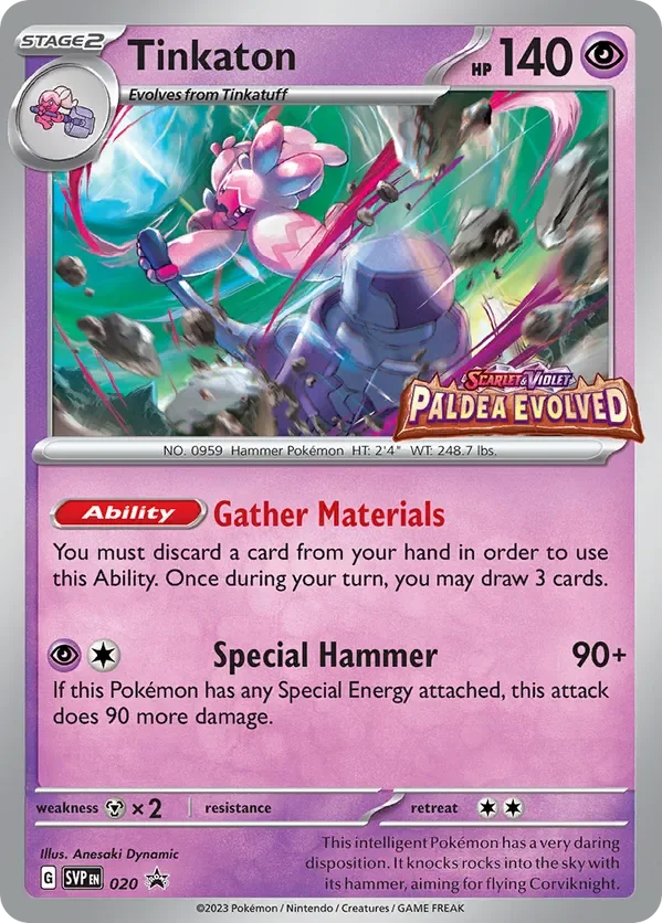 A Pokémon trading card featuring Tinkaton, a pink, bunny-like Pokémon with a large hammer. The card shows the Pokémon in an action pose with a background depicting a stormy sky and flying debris. It includes details about Tinkaton's abilities, stats, and other game-related information.