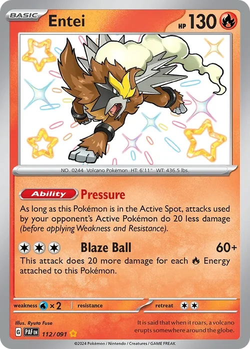 Entei 112 Pokemon card from Paldean Fates set