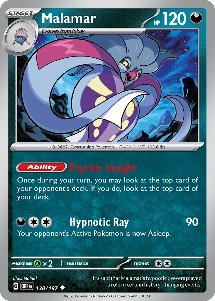 Malamar 138 Pokémon card from Obsidian Flames set