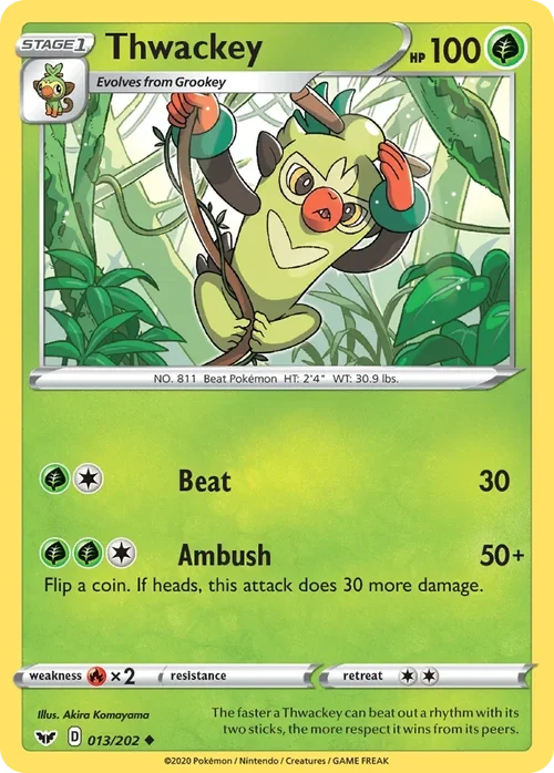 Thwackey 13 Pokemon card from Sword & Shield set