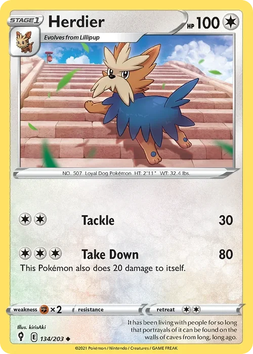 Herdier 134 Pokemon card from Evolving Skies set