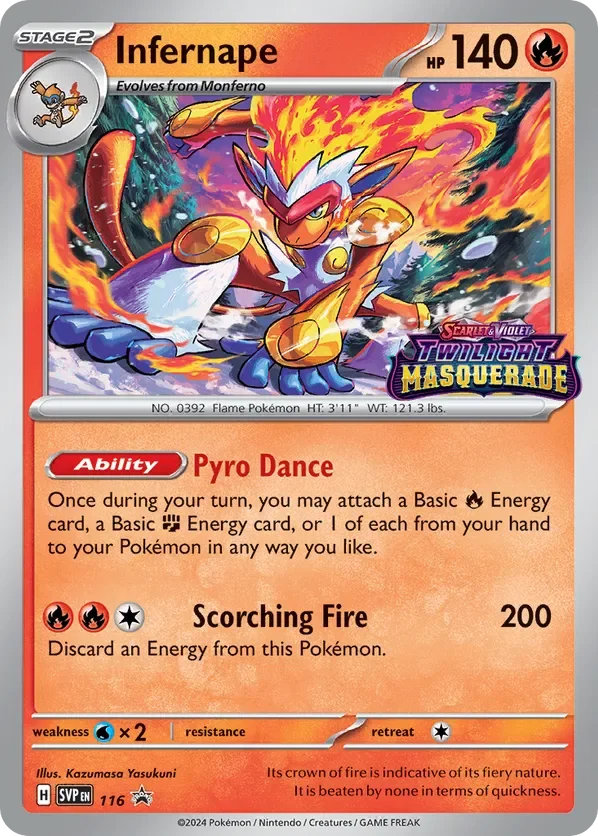 A Pokémon card featuring Infernape, a fire-type Pokémon evolving from Monferno. The card has 140 HP and shows Infernape with flames around it, in a dynamic stance. The card includes its abilities 'Pyro Dance' and 'Scorching Fire,' with details about its attacks, weaknesses, and other game information.