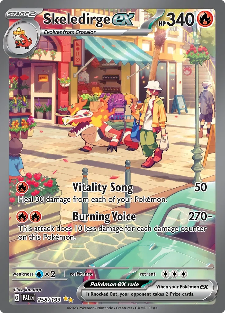 A Pokémon trading card featuring Skeledirge EX, a Stage 2 Pokémon that evolves from Crocalor. The artwork shows Skeledirge EX as a dragon-like creature with flames on its back, in a vibrant city street scene during daytime. A person in a yellow jacket and white hat is walking and eating, while another person is visible in the background. The card lists moves 'Vitality Song' and 'Burning Voice,' with attack details and damage. The card has 340 HP, fire type, and includes game information at the bottom.
