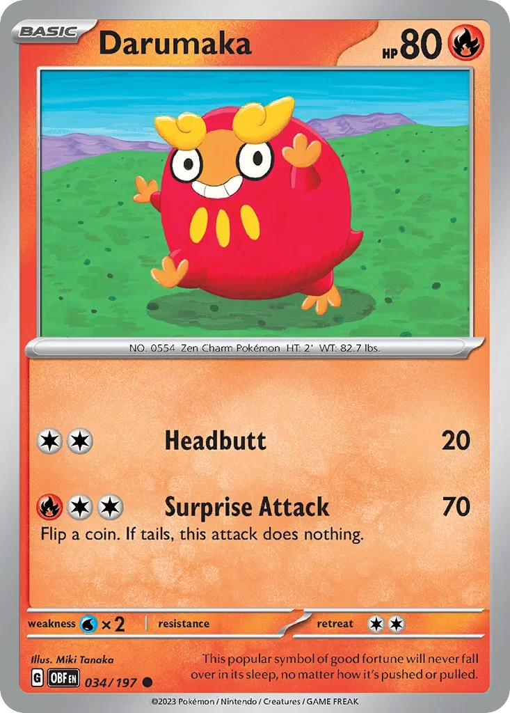 Darumaka 34 Pokémon card from Obsidian Flames set