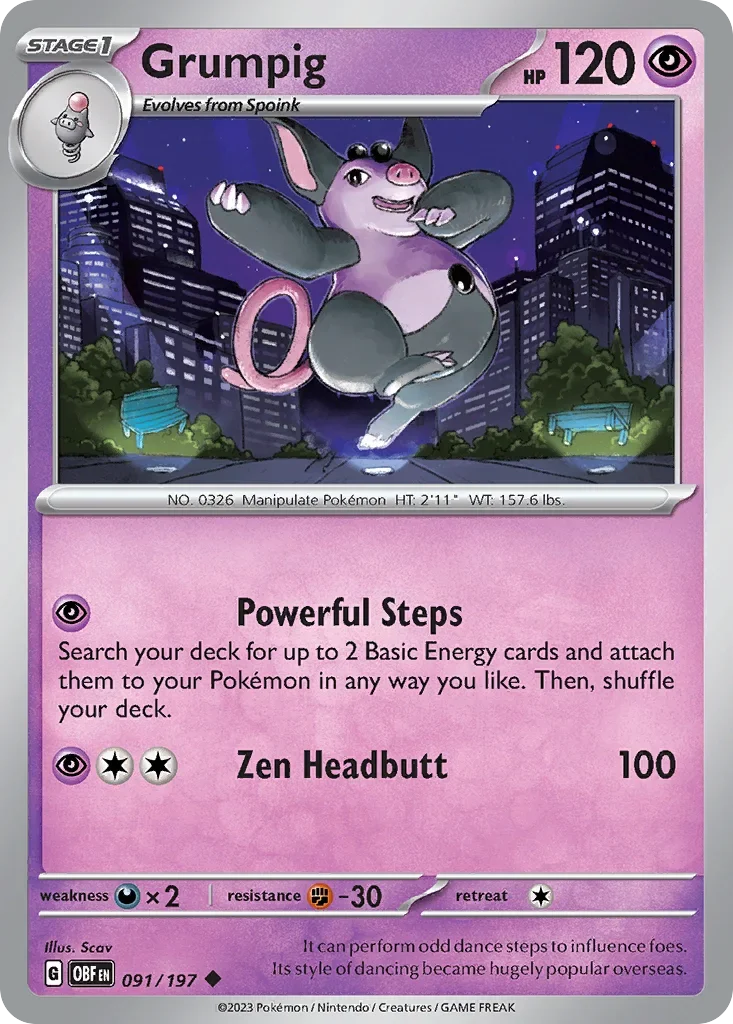 Grumpig 91 Pokémon card from Obsidian Flames set
