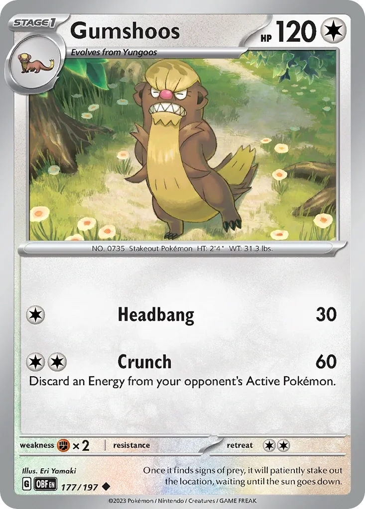 Gumshoos 177 Pokémon card from Obsidian Flames set