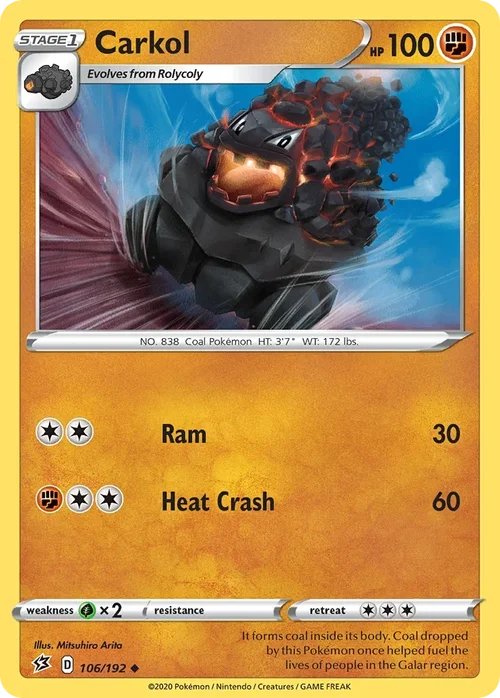 Carkol 106 Pokemon card from Rebel Clash set