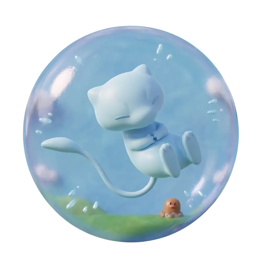 Animated plush white cat character floating inside a glass sphere with a small orange creature on grass at the bottom.