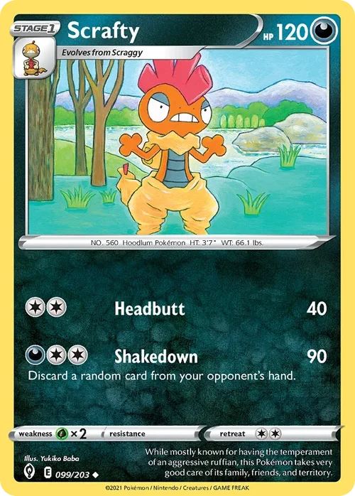 Scrafty 99 Pokemon card from Evolving Skies set