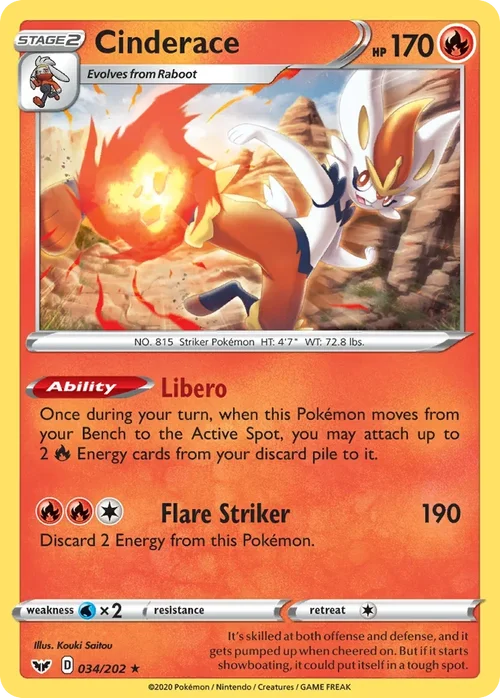 Cinderace 34 Pokemon card from Sword & Shield set