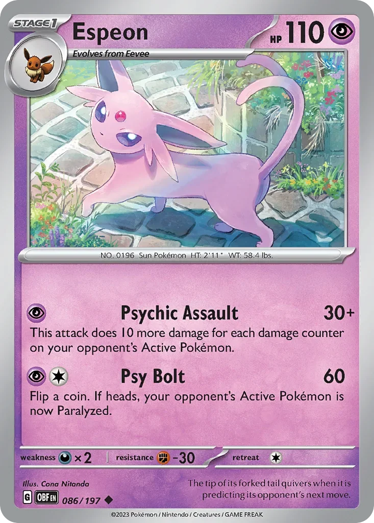 Espeon 86 Pokémon card from Obsidian Flames set