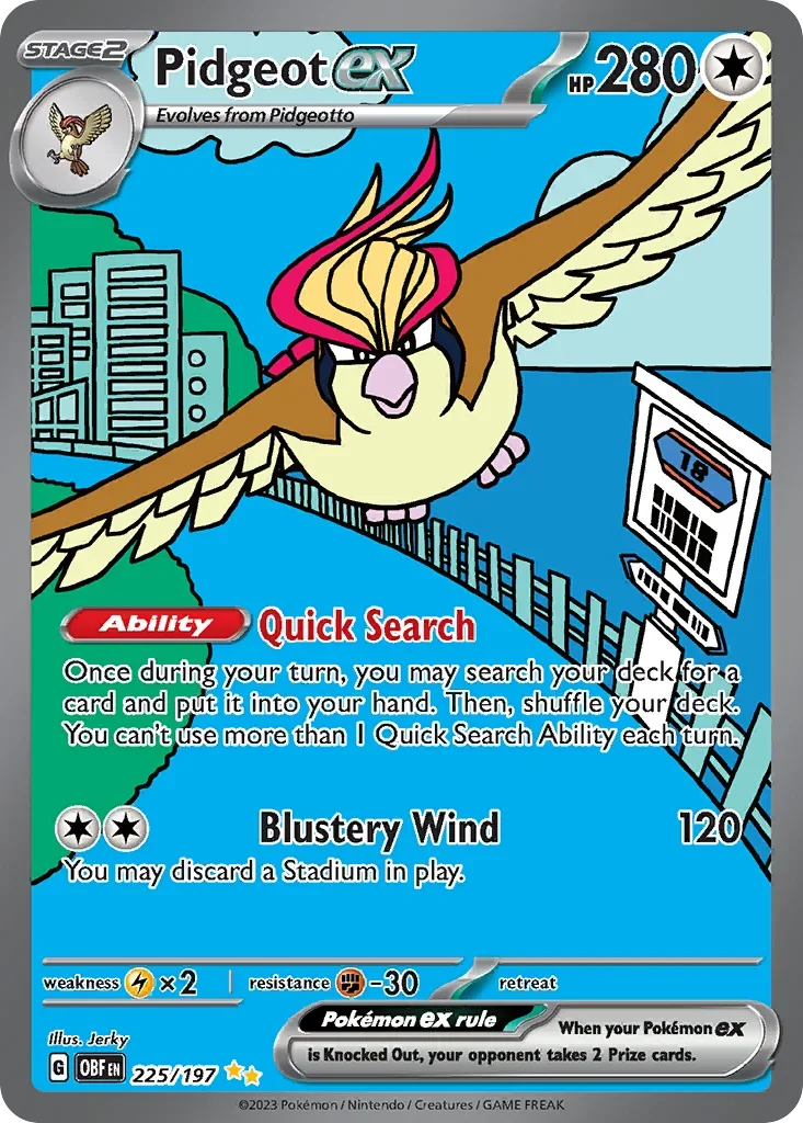 Pidgeot ex 225 Pokémon card from Obsidian Flames set