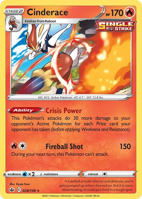 Cinderace 28 Pokemon card from Chilling Reign set