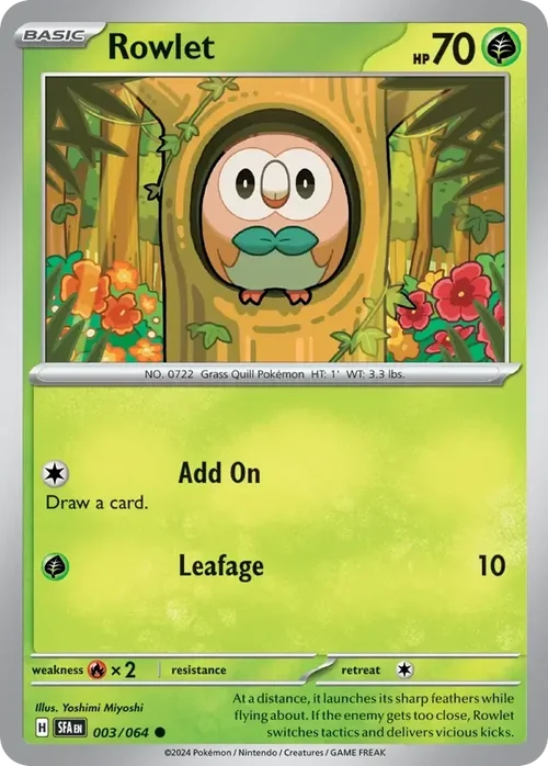 Rowlet 3 Pokemon card from Shrouded Fable set