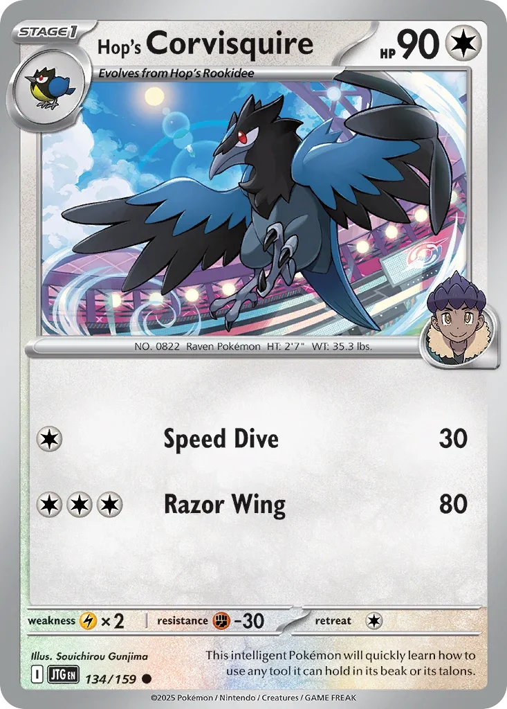 Hop's Corvisquire 134 Pokémon card from JTG set