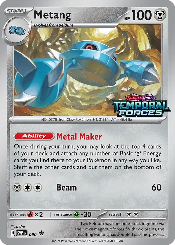 Trading card of Metang, a Stage 1 Metal Pokémon that evolves from Beldum. It has 100 HP and an ability called Metal Maker. The card features Metang in a rocky environment. It has a Metal Claw attack dealing 60 damage, costs three Colorless energies, with a weakness to Fire, resistance to Grass, and a retreat cost of two Colorless energies.