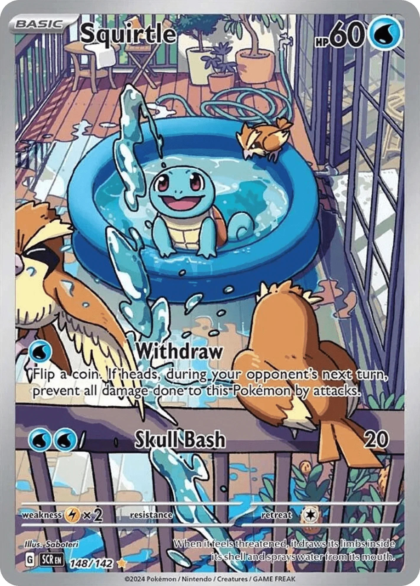 Pokémon Scarlet and Violet card featuring Squirtle, a Water-type Pokémon, with 60 HP. The card displays Squirtle in a water-filled container, with a fox-like Pokémon nearby. Text instructs players to flip a coin to prevent damage from attacks. The card has an attack called Skull Bash, costing two Water energy, with 20 damage. Background shows a wooden porch with potted plants and fencing.