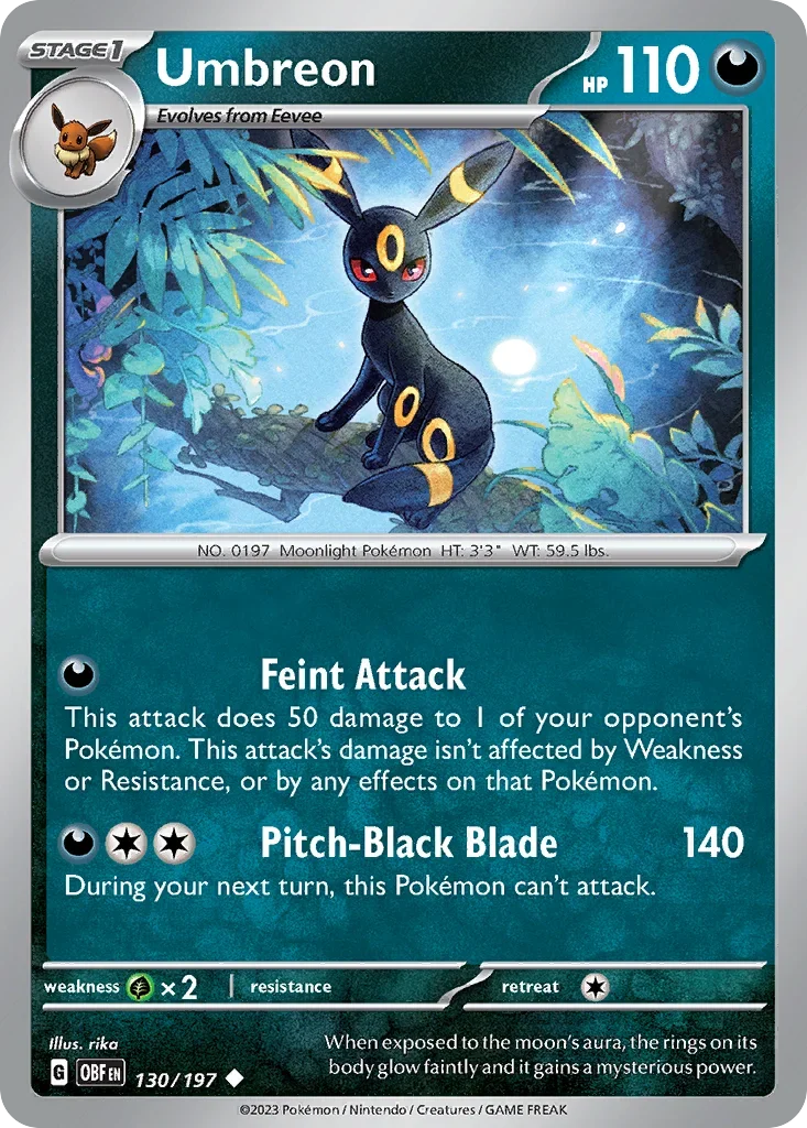 Umbreon 130 Pokémon card from Obsidian Flames set