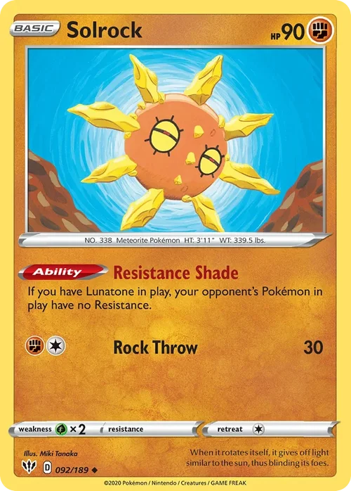 Solrock 92 Pokemon card from Darkness Ablaze set
