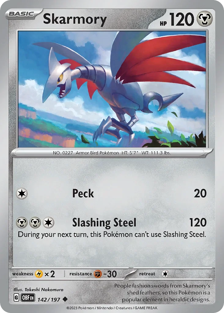 Skarmory 142 Pokémon card from Obsidian Flames set